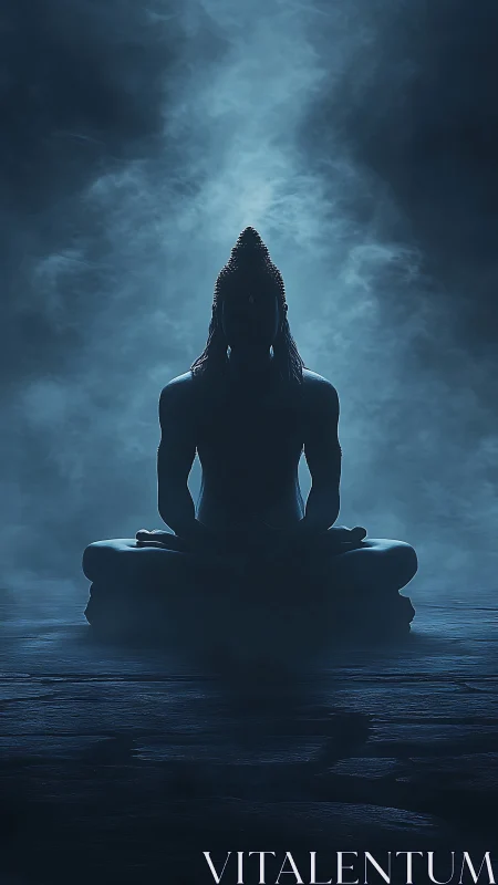 Silhouetted seated figure in mist with centralized backlight.