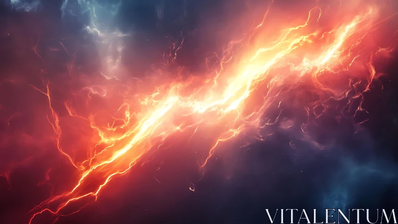 Fiery Lightning Bolt Splitting Stormy Night Sky, Digital Art.