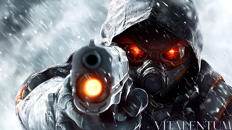 Hooded soldier with glowing pistol in blizzard standoff.