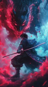 Sword-wielding warrior facing spectral wolf in neon storm.