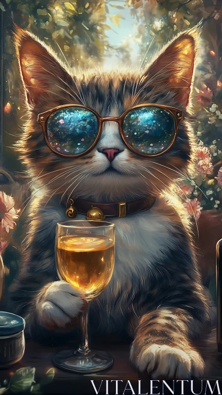 Feline Figure in Eyewear with Beverage.