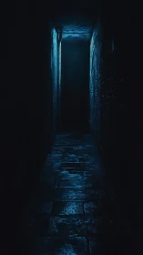 Narrow wet alley recedes into cold cyan backlight in darkness