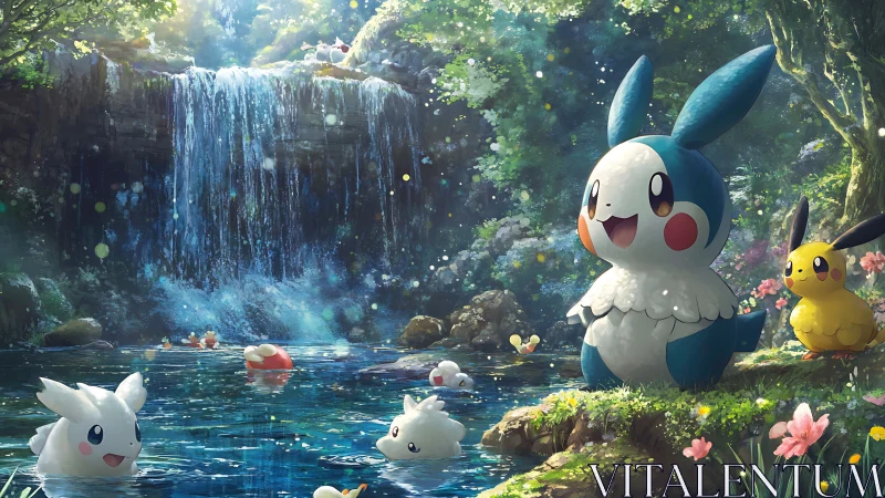 Joyful forest creatures share a sparkling waterfall hideaway