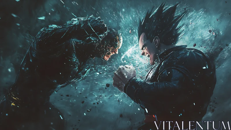 Explosive clash between two powerful, storm-lit warriors.