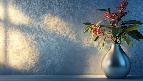 Chromed ceramic vase with red blossoms in raking window light