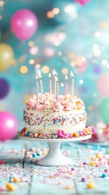 Birthday cake with lit candles on cake stand.