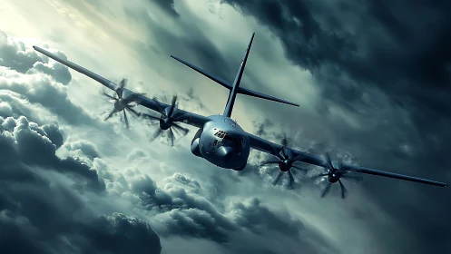 Military transport aircraft flies low through dense storm clouds