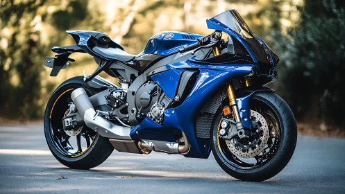 Blue superbike stands poised on a quiet forest road.