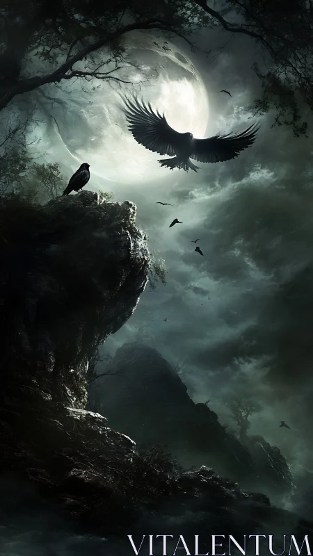 Moonlit ravens carve shadows through a haunted sky.