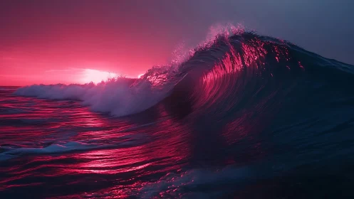 Crimson surf curls into a neon-lit twilight crescendo