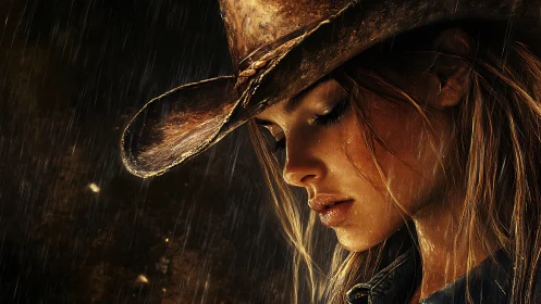 Quiet courage glows as a cowgirl bows her head in rain