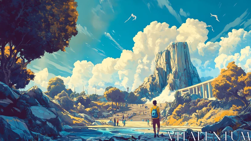 Backpack dreamer at sunlit canyon steps to cloudbound cliffs.