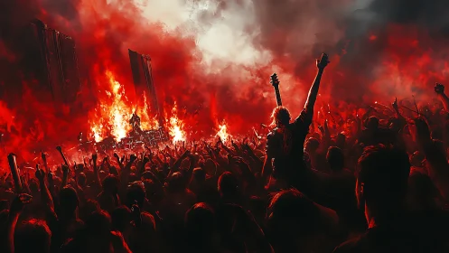 Large gathering at night with pyrotechnic displays and red atmospheric lighting.