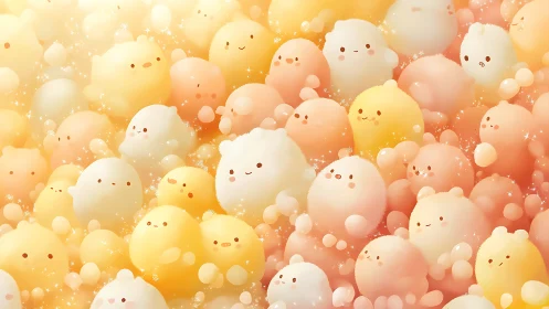 Chromatic gradient cluster of kawaii pastel bubble-creatures.