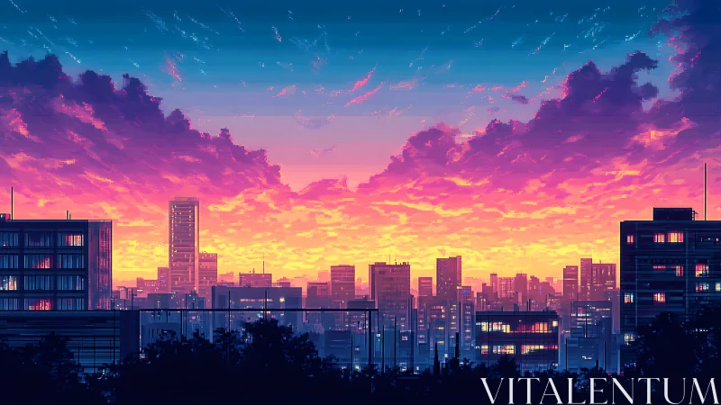 Pixel city skyline under vivid sunset cloud display.