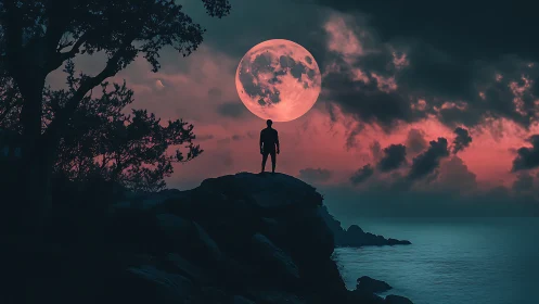 Silhouetted figure on cliff before crimson supermoon seascape.