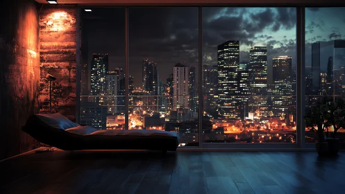 Digital painting of moody loft interior with night city vista.