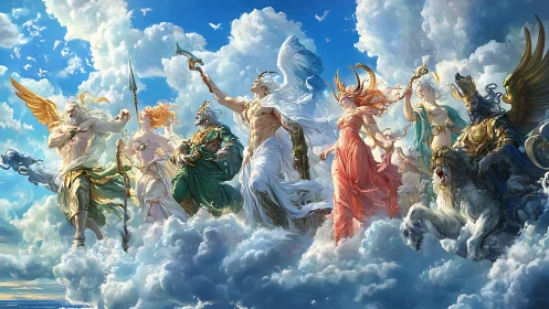 Mythic pantheon assembled on luminous celestial clouds.