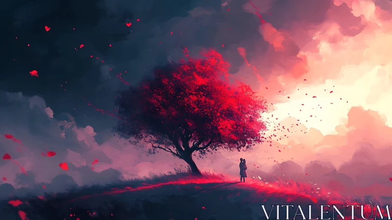 Digital scene shows red tree with two figures on a ridge