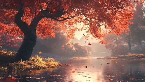 Autumn maple tree glows above a tranquil reflective river.