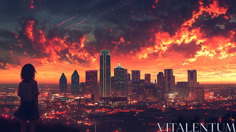 City lights glow beneath a blazing, dreamlike sunset sky