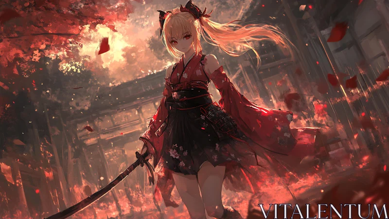 Fierce kimono warrior strolling through glowing crimson dusk.