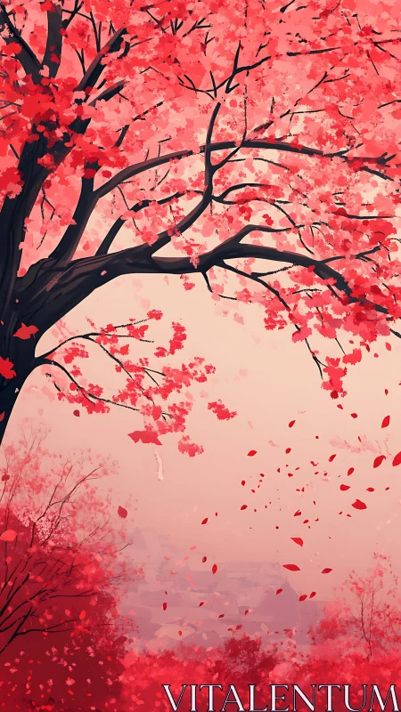 Crimson blossoms tumble softly through a pale autumn sky