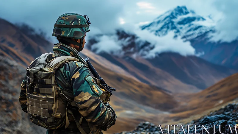 Solitary mountain guard watching clouds brush icy peaks.