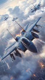 Soaring fighter jets streak through glowing stormy skies.