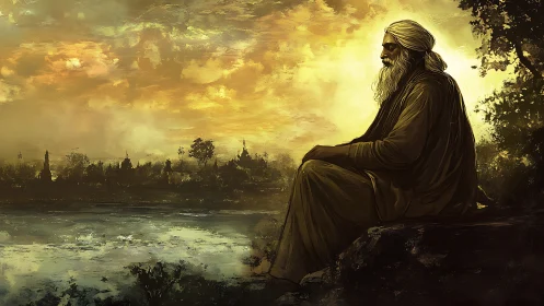 Solitary sage contemplates a misty river at sunset.