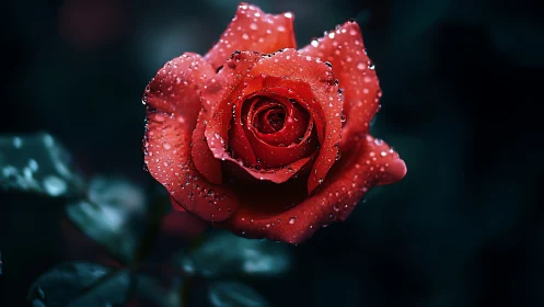 Crimson Bloom Crowned with Dewdrops. Rain-Kissed Rose in Motion.