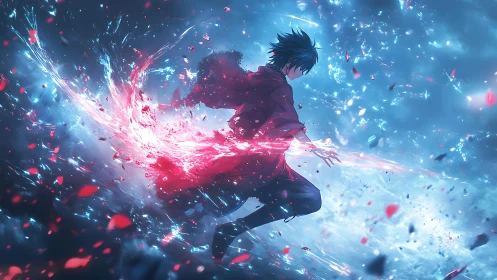 Anime swordsman channels crimson energy in dynamic vortex field