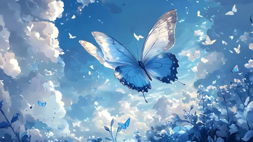 Blue butterfly ascends through luminous clouds and blossoms.