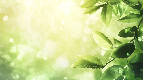 Sunlit green leaves glow against soft bokeh background.