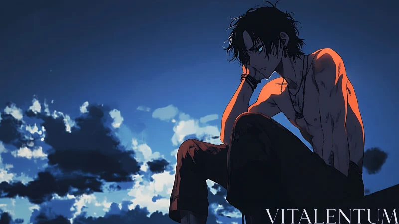 Brooding shirtless boy under dramatic dusk sky silhouette.