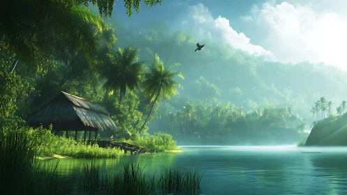 Tropical river landscape with thatched shelter and bird in flight.
