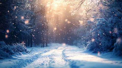 Winter forest path glows under volumetric backlit snowfall