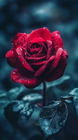 Crimson Rose with Moisture Droplets Against Teal Background.
