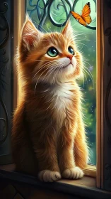Ginger cat with turquoise eyes gazes upward at orange butterfly through window