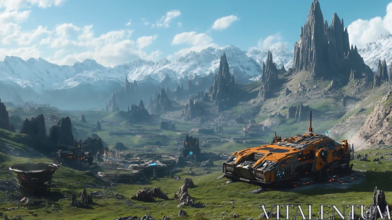 Futuristic terraforming crawler in alpine valley colony complex