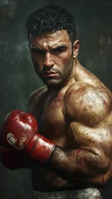 Muscular Boxer with Red Gloves in Dramatic Studio Portrait