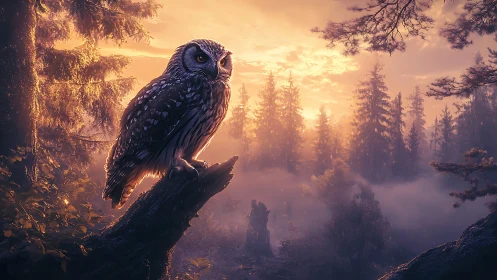 Majestic Owl at Sunrise in Mystical Forest, Digital Art Style.