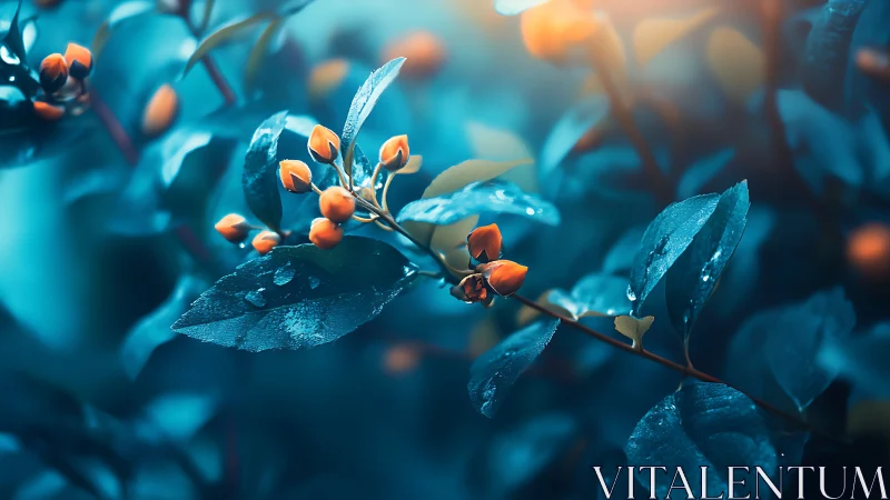 Orange flower buds on teal foliage with dewy morning light.