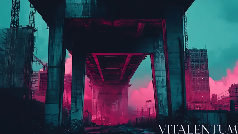 Neon underpass glows against cyan skyline in dystopian city.