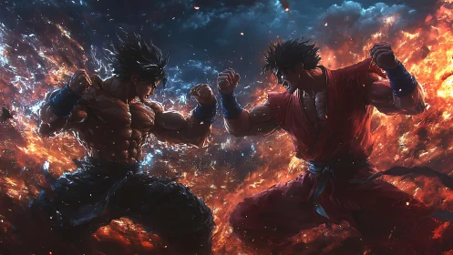 Two muscular warriors clash amid explosive fiery storm