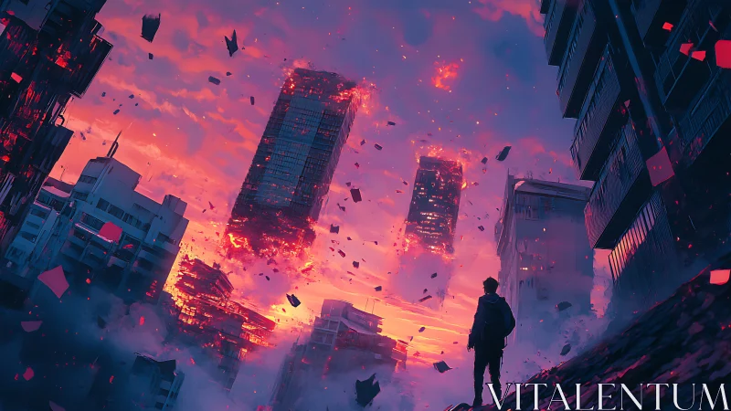 Solitary figure observes disintegrating neon skyscrapers at dusk