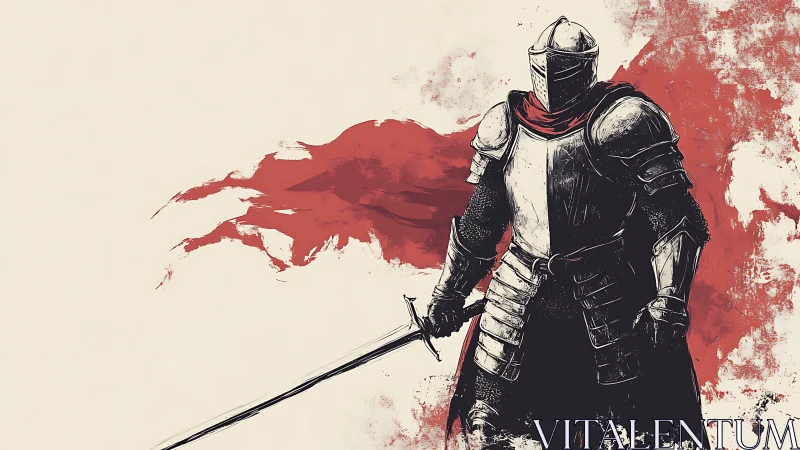 Steel-clad knight with crimson cloak on abstract field.