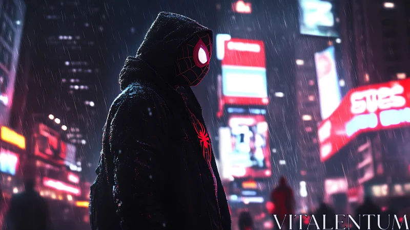 Hooded masked hero stands in neon city rain at night