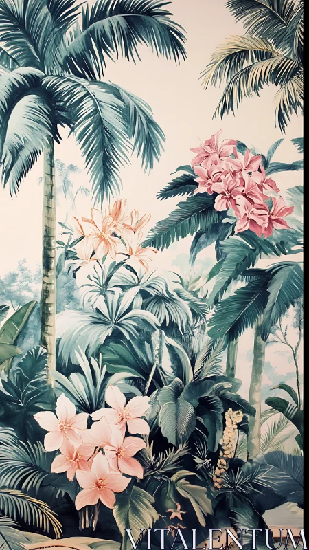 Whispering palm grove with blushing jungle blossoms poised.