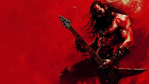 Fierce metal guitarist shredding against a blazing red sky.